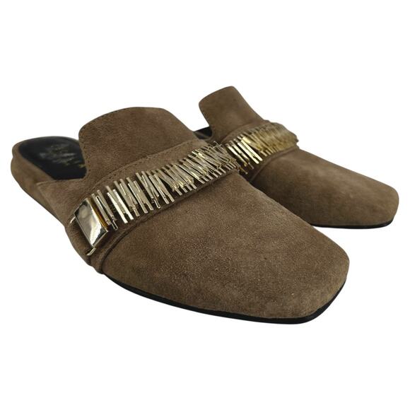 Cecelia New York Flipper Mule Flats Shoes Gold Chain Square Toe Suede Beige 6M - Picture 1 of 6